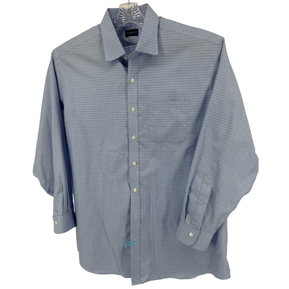 Proper ClothShirt 17.5-35 Mens Blue Checkered Button‎ Down Long Sleeve Dress